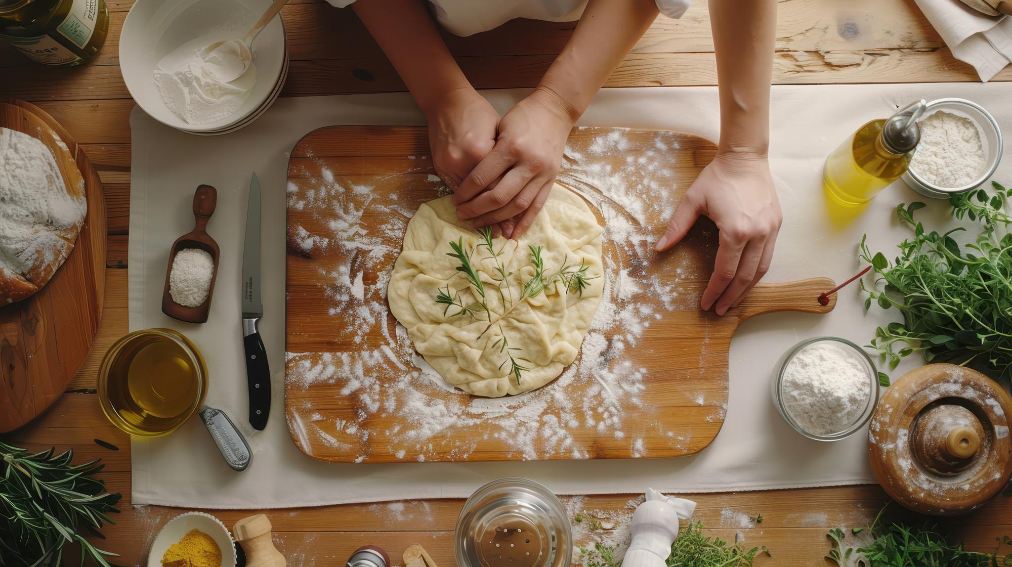 Student preparing pasta dough at a table